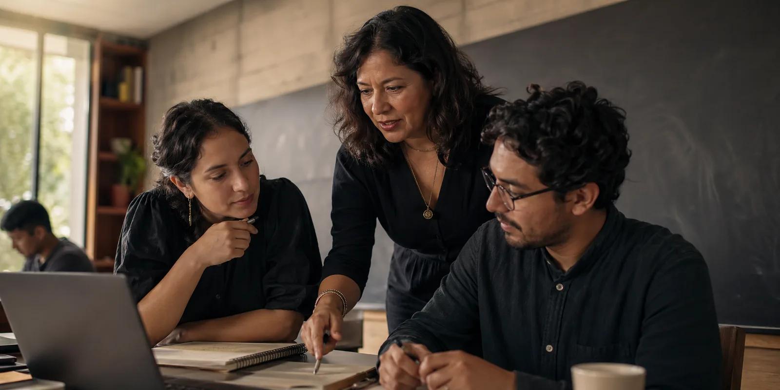 Dos colegas revisan un proyecto de aula